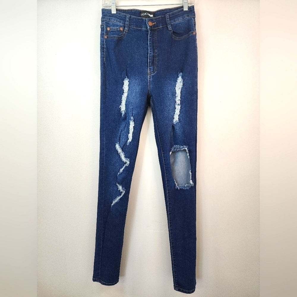 Fashion Nova Dark Wash Distressed Skinny Jeans Womens Size 11